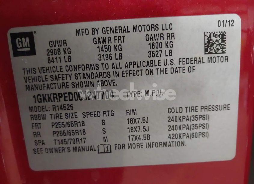 Photo 9 of 2012 Gmc Acadia SLE (VIN 1GKKRPED0CJ247704)