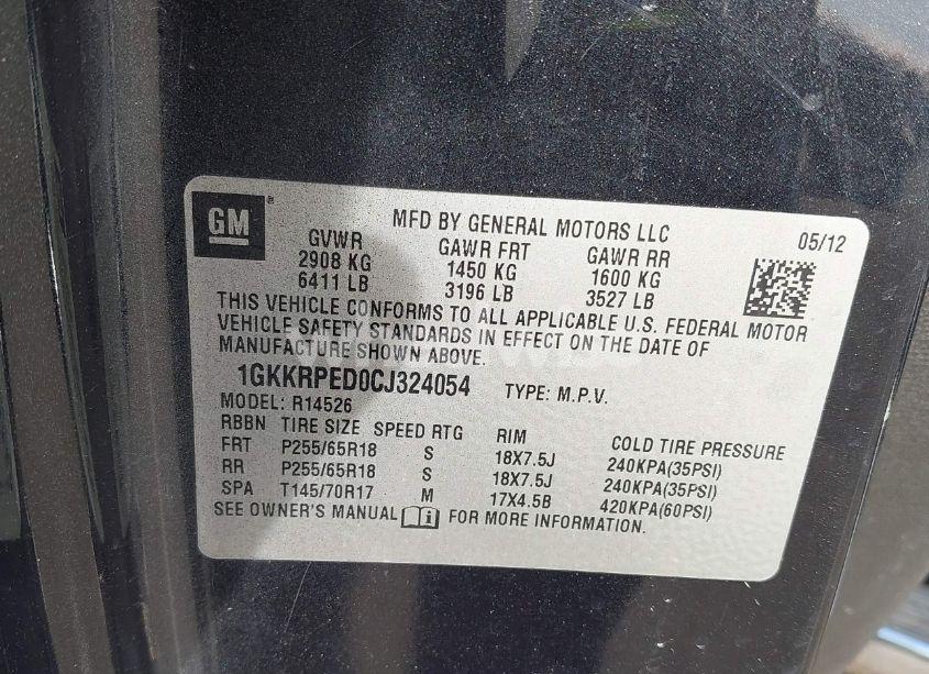 Photo 9 of 2012 Gmc Acadia SLE (VIN 1GKKRPED0CJ324054)