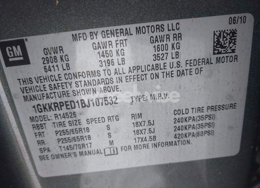 Photo 9 of 2011 Gmc Acadia SLE (VIN 1GKKRPED1BJ107532)
