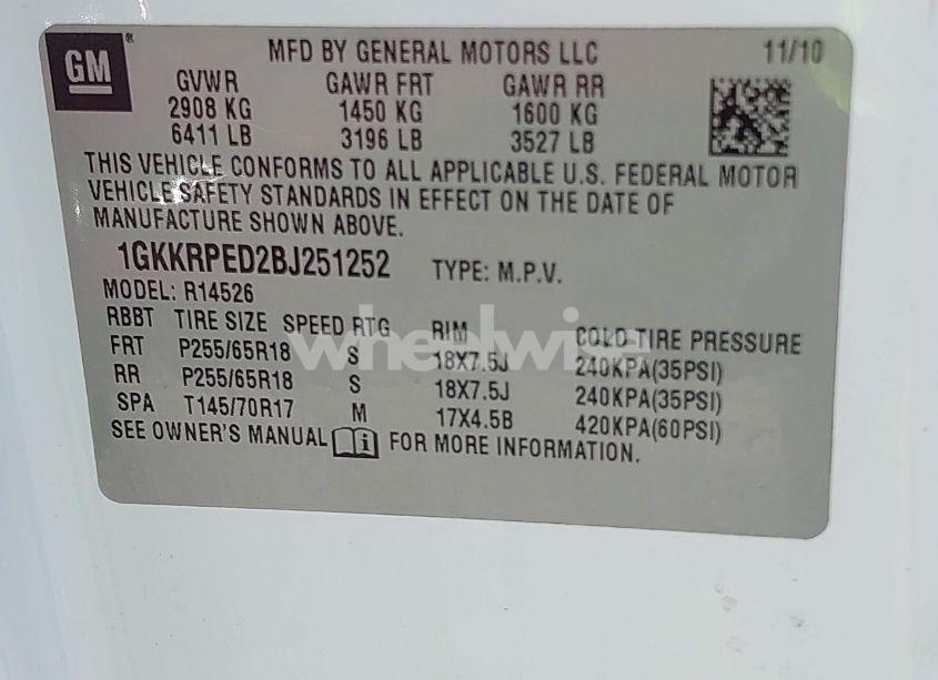 Photo 9 of 2011 Gmc Acadia SLE (VIN 1GKKRPED2BJ251252)