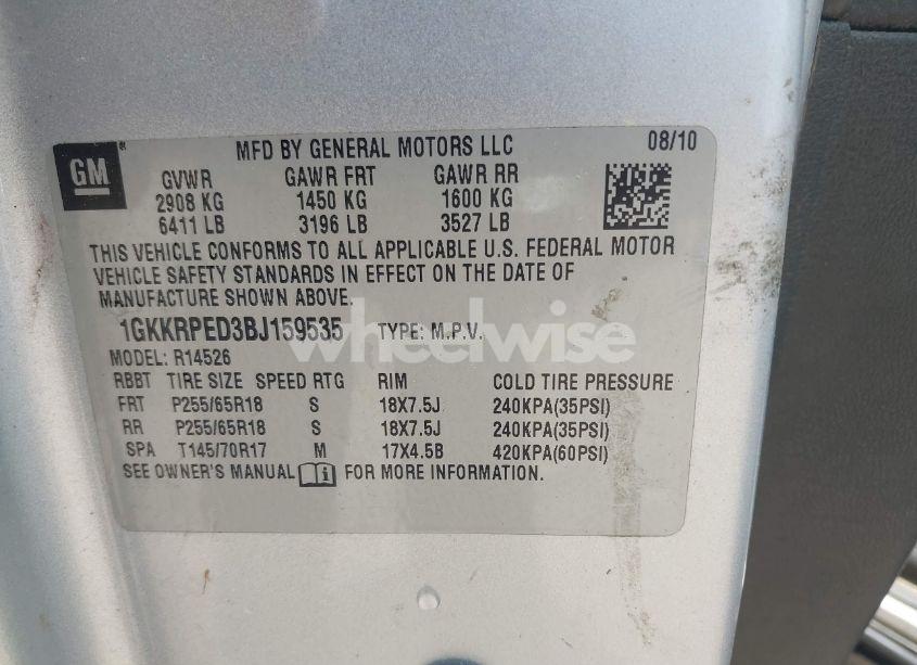 Photo 9 of 2011 Gmc Acadia SLE (VIN 1GKKRPED3BJ159535)