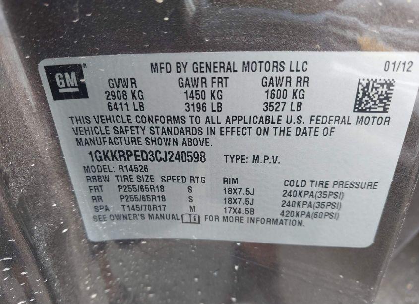 Photo 9 of 2012 Gmc Acadia SLE (VIN 1GKKRPED3CJ240598)