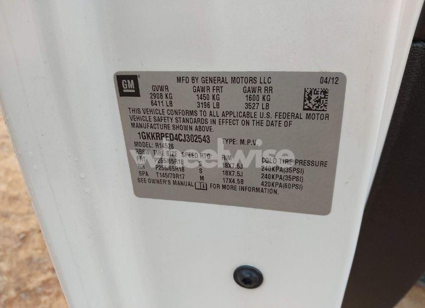 Photo 9 of 2012 Gmc Acadia SLE (VIN 1GKKRPED4CJ302543)