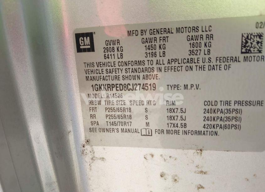 Photo 9 of 2012 Gmc Acadia SLE (VIN 1GKKRPED8CJ274519)