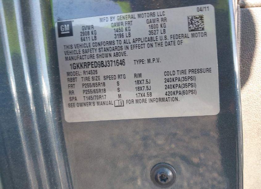 Photo 9 of 2011 Gmc Acadia SLE (VIN 1GKKRPED9BJ371646)