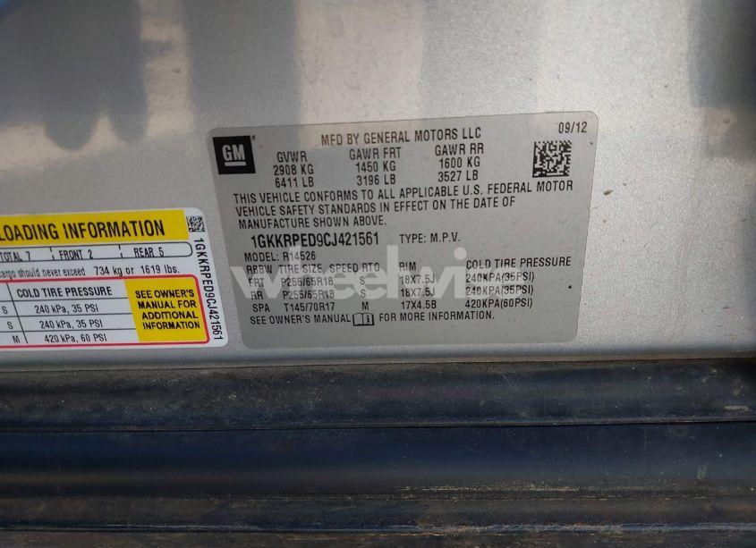 Photo 9 of 2012 Gmc Acadia SLE (VIN 1GKKRPED9CJ421561)