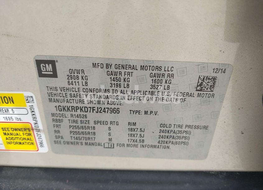 Photo 9 of 2015 Gmc Acadia SLE-2 (VIN 1GKKRPKD7FJ247966)