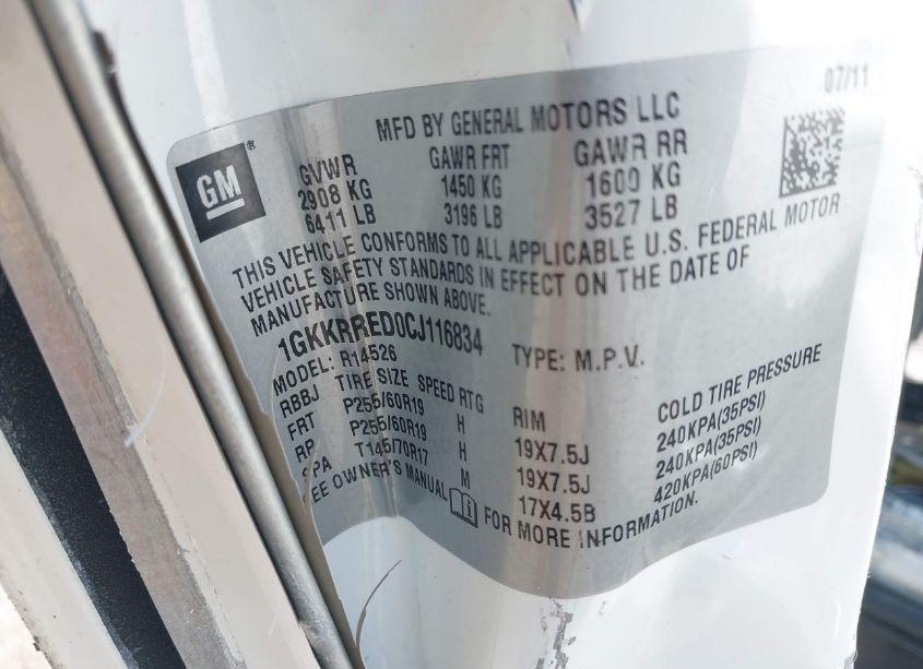 Photo 9 of 2012 Gmc Acadia SLT-1 (VIN 1GKKRRED0CJ116834)