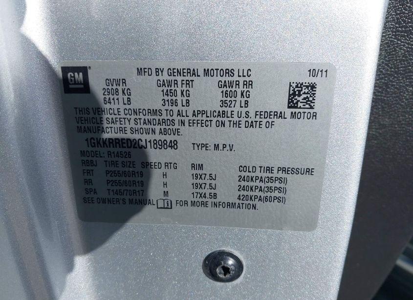 Photo 9 of 2012 Gmc Acadia SLT-1 (VIN 1GKKRRED2CJ189848)