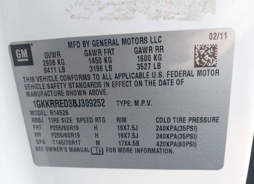 Photo 9 of 2011 Gmc Acadia SLT-1 (VIN 1GKKRRED3BJ309252)