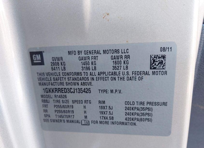 Photo 9 of 2012 Gmc Acadia SLT1 (VIN 1GKKRRED3CJ135426)