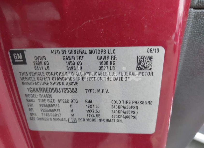 Photo 9 of 2011 Gmc Acadia SLT-1 (VIN 1GKKRRED5BJ155353)