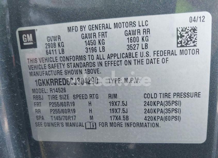 Photo 9 of 2012 Gmc Acadia SLT1 (VIN 1GKKRRED6CJ304290)