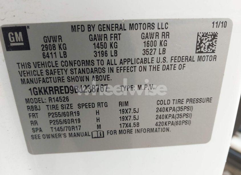 Photo 9 of 2011 Gmc Acadia SLT-1 (VIN 1GKKRRED9BJ238767)