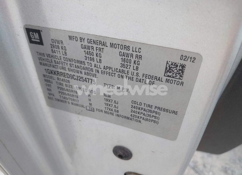 Photo 9 of 2012 Gmc Acadia SLT1 (VIN 1GKKRRED9CJ254775)