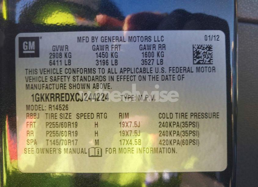 Photo 9 of 2012 Gmc Acadia SLT1 (VIN 1GKKRREDXCJ244224)