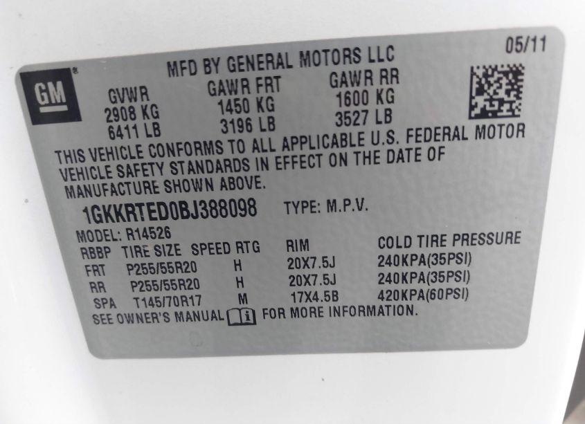 Photo 9 of 2011 Gmc Acadia DENALI (VIN 1GKKRTED0BJ388098)