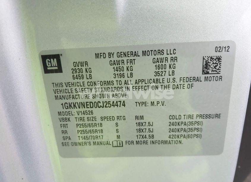 Photo 9 of 2012 Gmc Acadia SL (VIN 1GKKVNED0CJ254474)