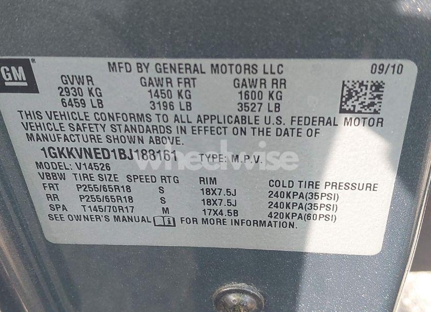 Photo 9 of 2011 Gmc Acadia SL (VIN 1GKKVNED1BJ188161)