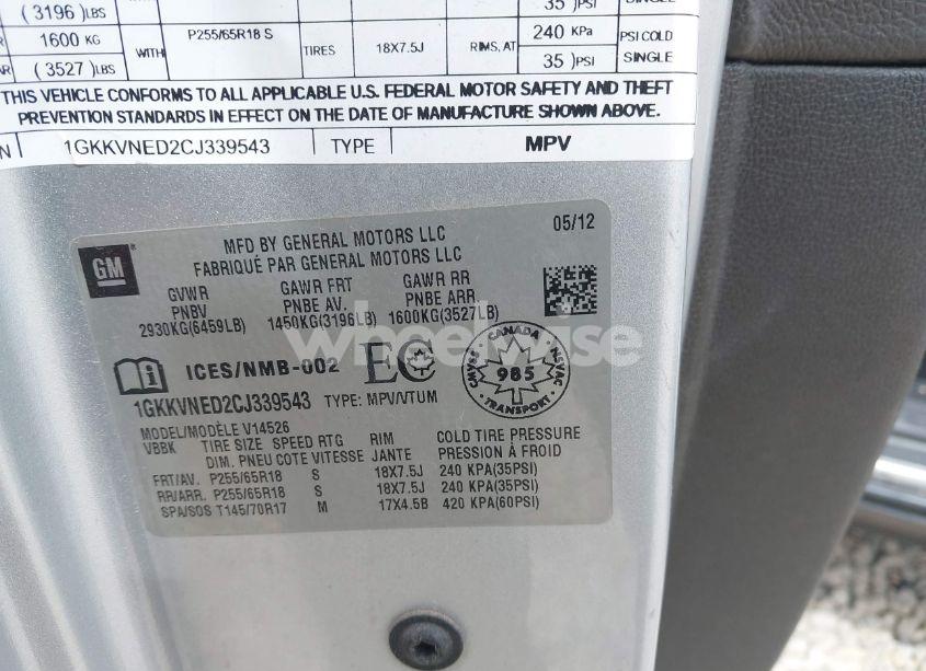 Photo 9 of 2012 Gmc Acadia SL (VIN 1GKKVNED2CJ339543)