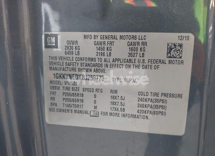 Photo 9 of 2011 Gmc Acadia SL (VIN 1GKKVNEDXBJ258773)