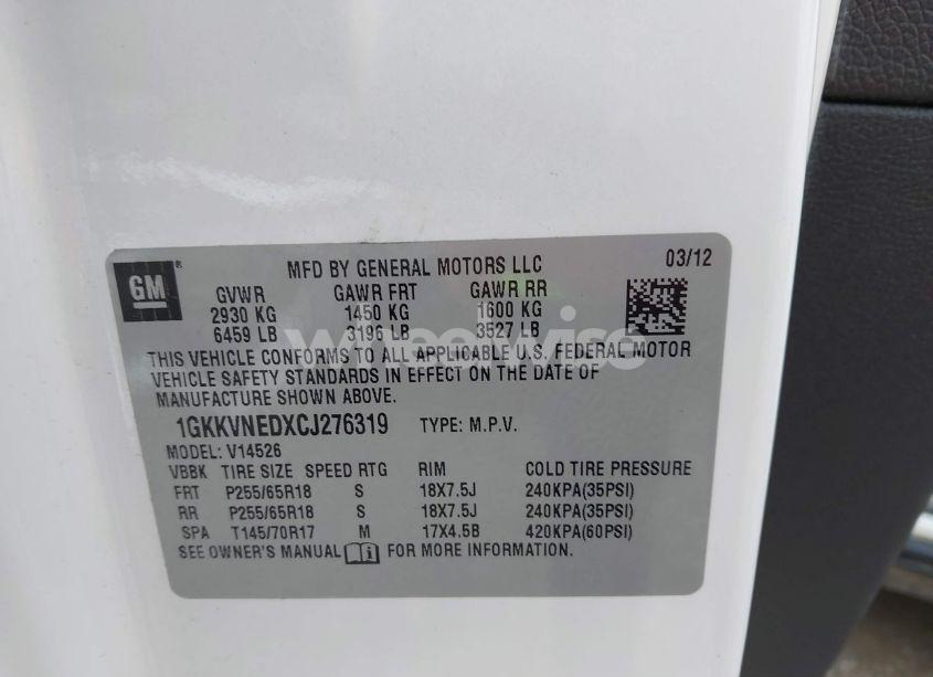 Photo 9 of 2012 Gmc Acadia SL (VIN 1GKKVNEDXCJ276319)