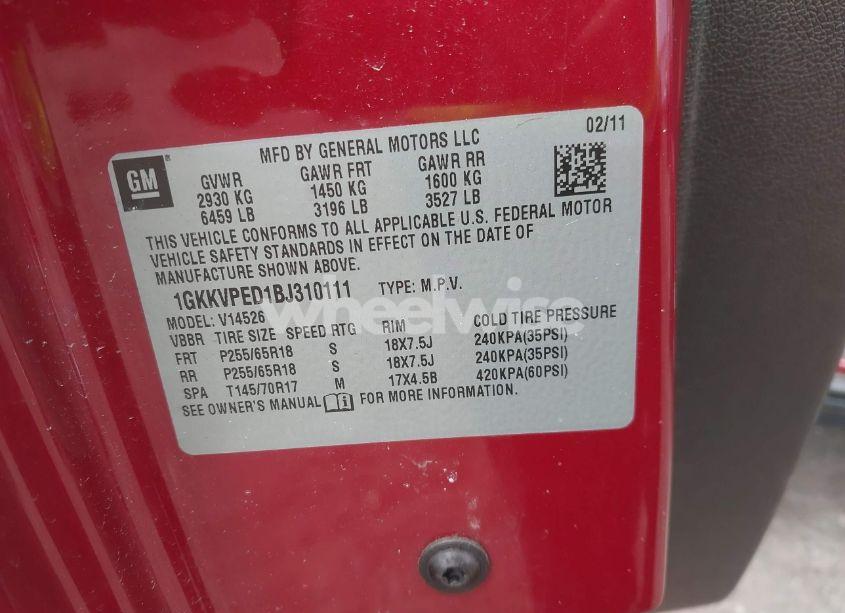 Photo 9 of 2011 Gmc Acadia SLE (VIN 1GKKVPED1BJ310111)