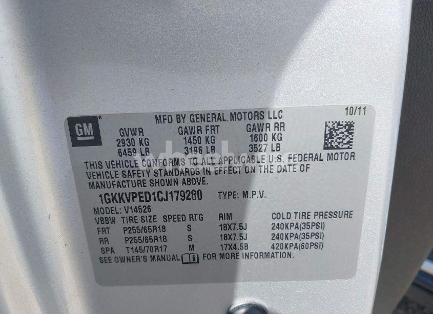 Photo 9 of 2012 Gmc Acadia SLE (VIN 1GKKVPED1CJ179280)