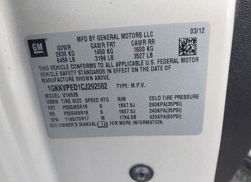 Photo 9 of 2012 Gmc Acadia SLE (VIN 1GKKVPED1CJ292582)