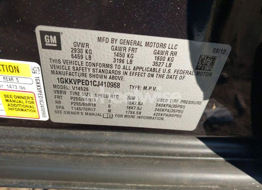 Photo 9 of 2012 Gmc Acadia SLE (VIN 1GKKVPED1CJ410968)