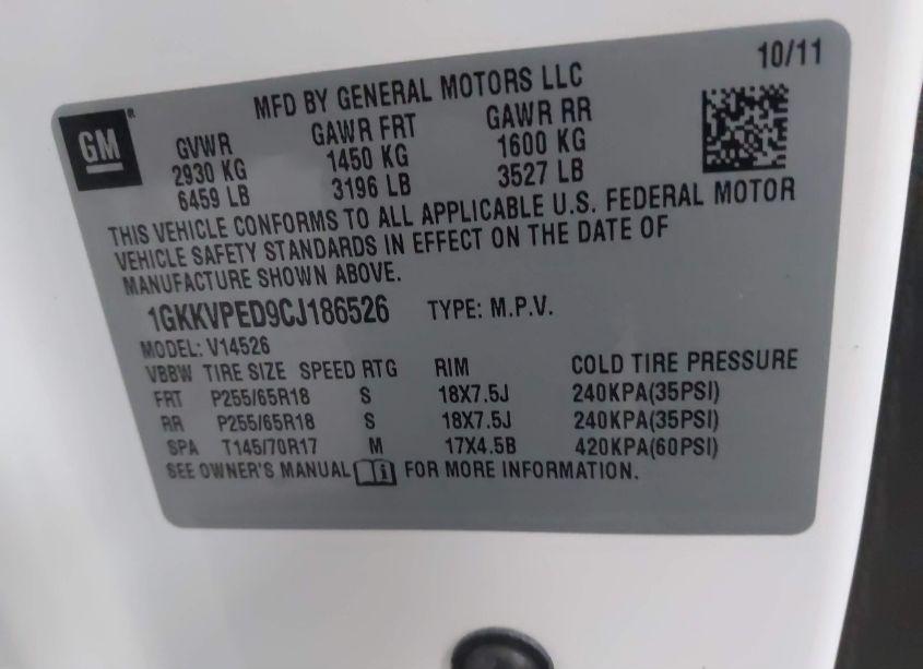 Photo 9 of 2012 Gmc Acadia SLE (VIN 1GKKVPED9CJ186526)