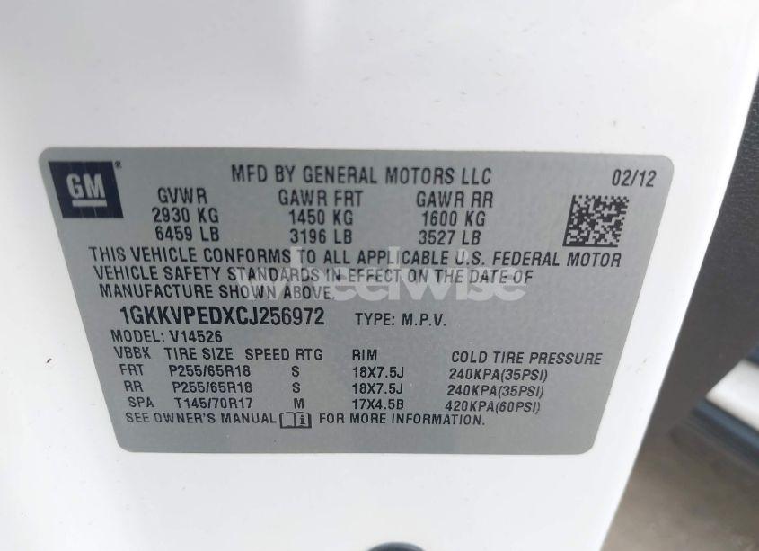 Photo 9 of 2012 Gmc Acadia SLE (VIN 1GKKVPEDXCJ256972)