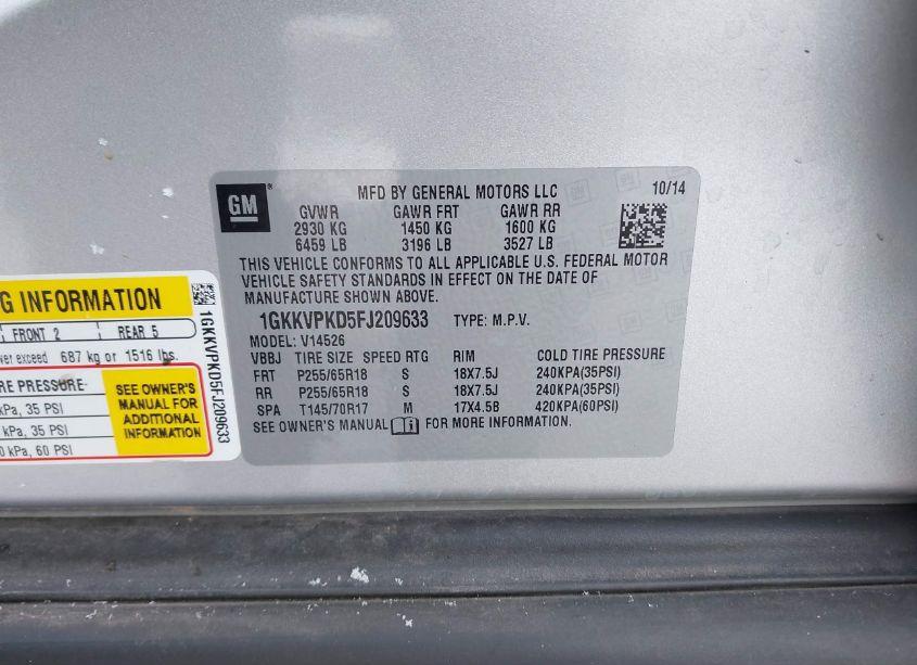 Photo 9 of 2015 Gmc Acadia SLE-2 (VIN 1GKKVPKD5FJ209633)