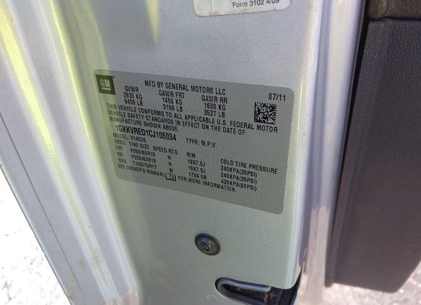 Photo 9 of 2012 Gmc Acadia SLT1 (VIN 1GKKVRED1CJ106034)