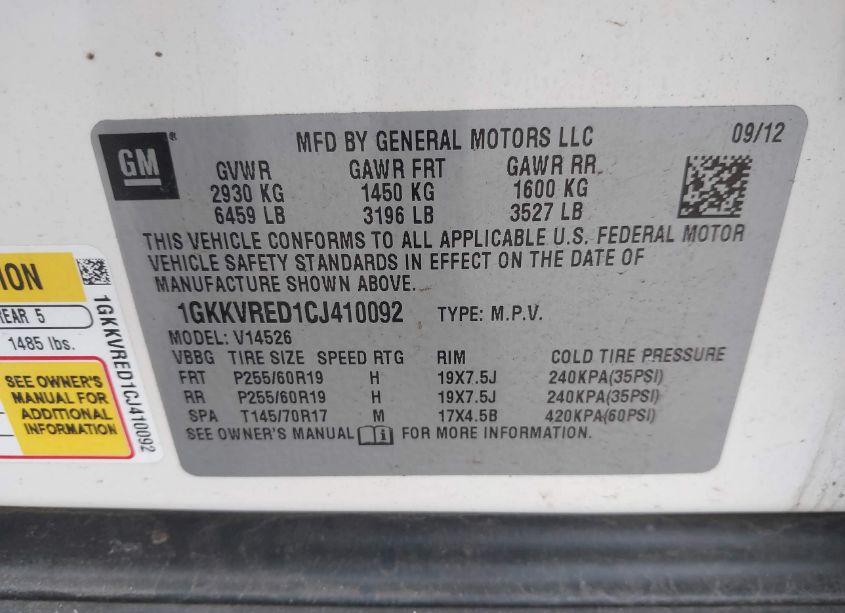 Photo 9 of 2012 Gmc Acadia SLT1 (VIN 1GKKVRED1CJ410092)