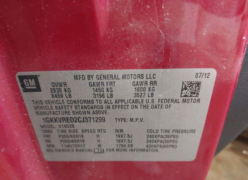 Photo 9 of 2012 Gmc Acadia SLT1 (VIN 1GKKVRED2CJ371299)