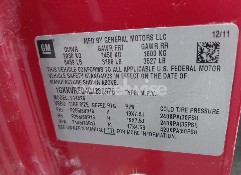 Photo 9 of 2012 Gmc Acadia SLT1 (VIN 1GKKVRED4CJ230976)