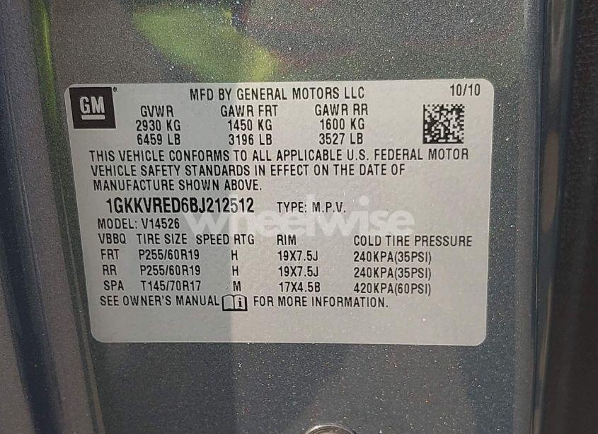 Photo 9 of 2011 Gmc Acadia SLT-1 (VIN 1GKKVRED6BJ212512)