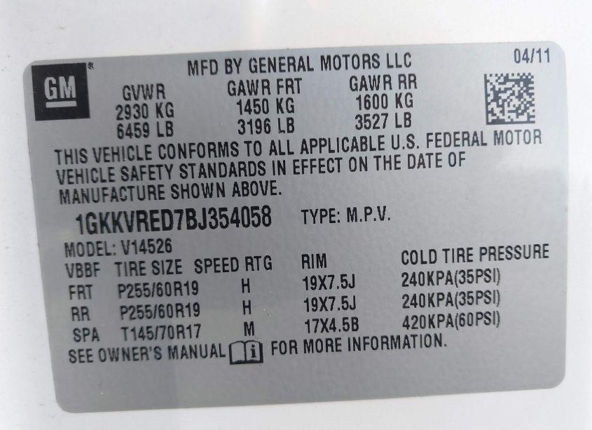 Photo 9 of 2011 Gmc Acadia SLT-1 (VIN 1GKKVRED7BJ354058)