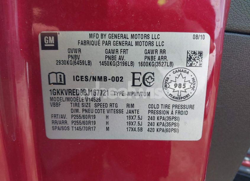 Photo 9 of 2011 Gmc Acadia SLT-1 (VIN 1GKKVRED8BJ167721)