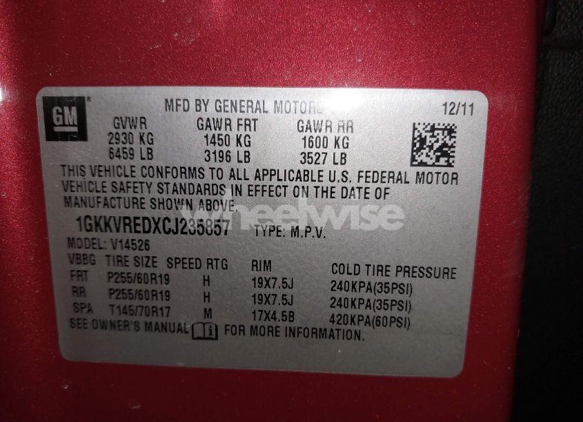 Photo 9 of 2012 Gmc Acadia SLT1 (VIN 1GKKVREDXCJ235857)