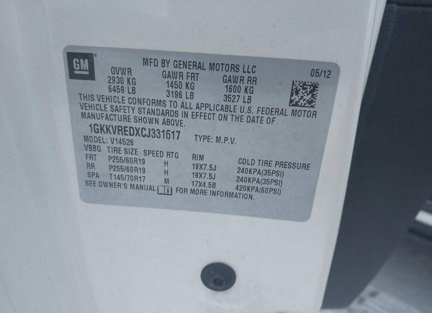 Photo 9 of 2012 Gmc Acadia SLT1 (VIN 1GKKVREDXCJ331617)