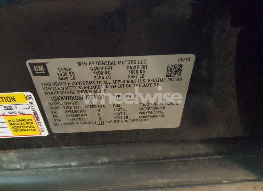 Photo 9 of 2015 Gmc Acadia SLT-1 (VIN 1GKKVRKD5FJ351931)