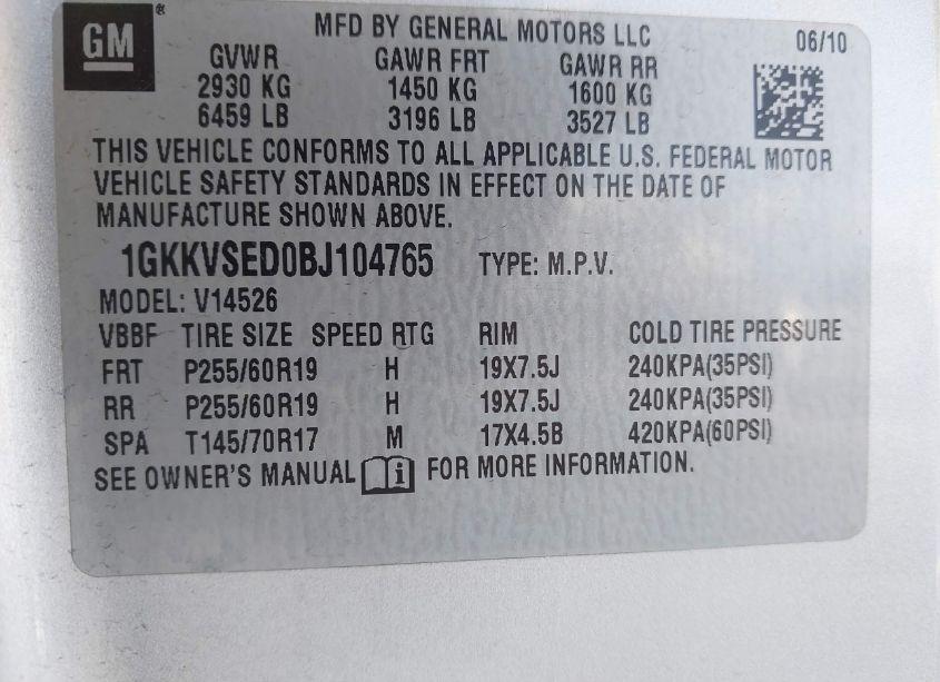 Photo 9 of 2011 Gmc Acadia SLT-2 (VIN 1GKKVSED0BJ104765)
