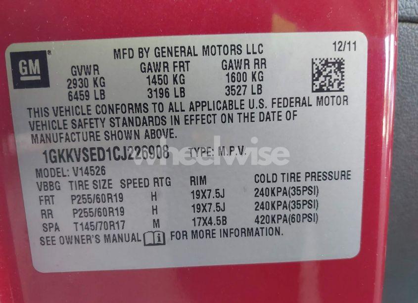 Photo 9 of 2012 Gmc Acadia SLT2 (VIN 1GKKVSED1CJ226908)