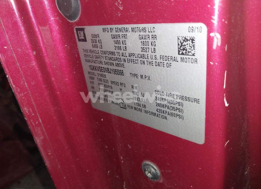 Photo 9 of 2011 Gmc Acadia SLT-2 (VIN 1GKKVSED9BJ195566)