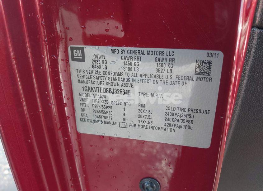 Photo 9 of 2011 Gmc Acadia DENALI (VIN 1GKKVTED8BJ326346)