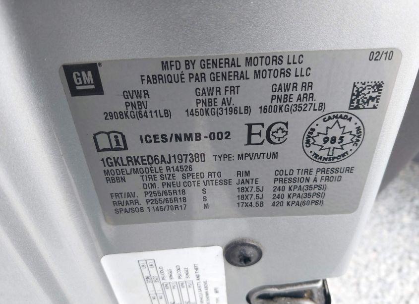 Photo 9 of 2010 Gmc Acadia SL (VIN 1GKLRKED6AJ197380)