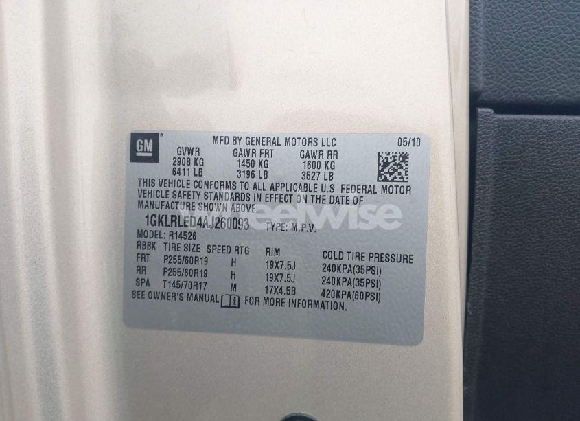 Photo 9 of 2010 Gmc Acadia SLE (VIN 1GKLRLED4AJ260093)