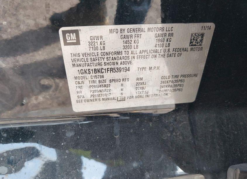 Photo 9 of 2015 Gmc Yukon SLT (VIN 1GKS1BKC1FR539194)